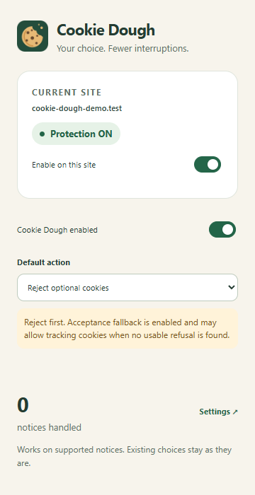 Cookie Dough popup showing site controls, the Reject optional cookies setting and the acceptance-fallback explanation.